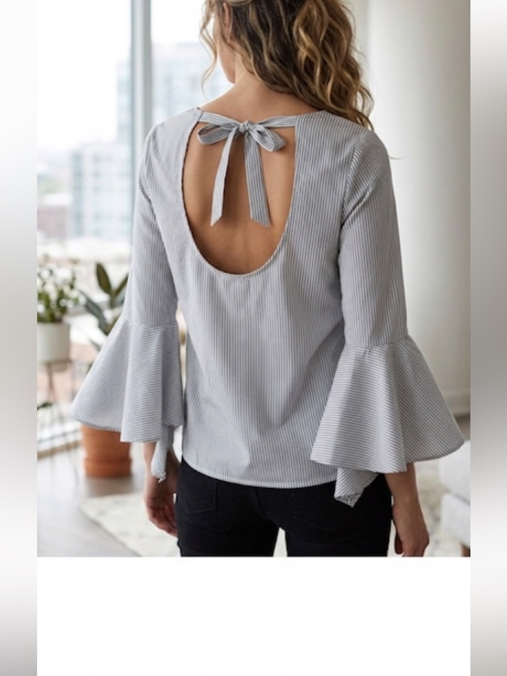Elegant Blue White Stripe Cotton Bell Sleeve Tie Back Top Size Small